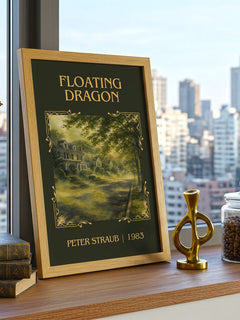 Floating Dragon Classic Book Art Print by Peter Straub – framed print on a city-view windowsill