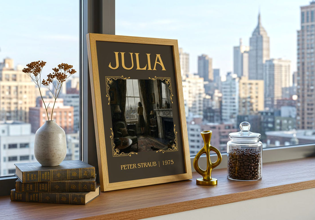 Julia Classic Book Art Print by Peter Straub – framed print on a city-view windowsill