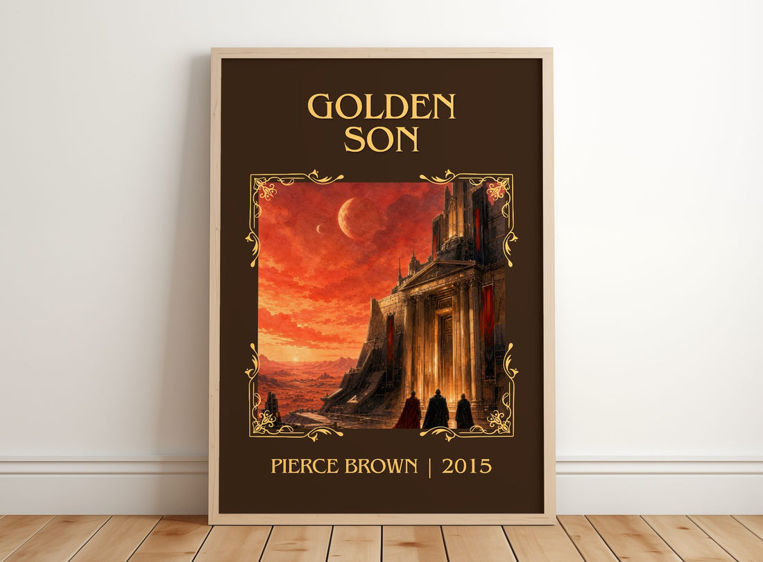 Golden Son Classic Book Art Print by Pierce Brown – framed print leaning on a wooden floor