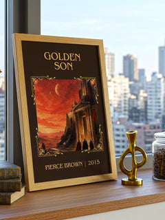 Golden Son Classic Book Art Print by Pierce Brown – framed print on a city-view windowsill