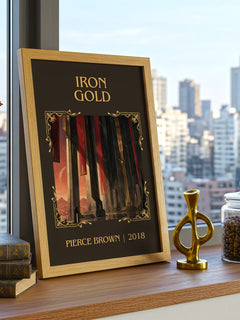 Iron Gold Classic Book Art Print by Pierce Brown – framed print on a city-view windowsill