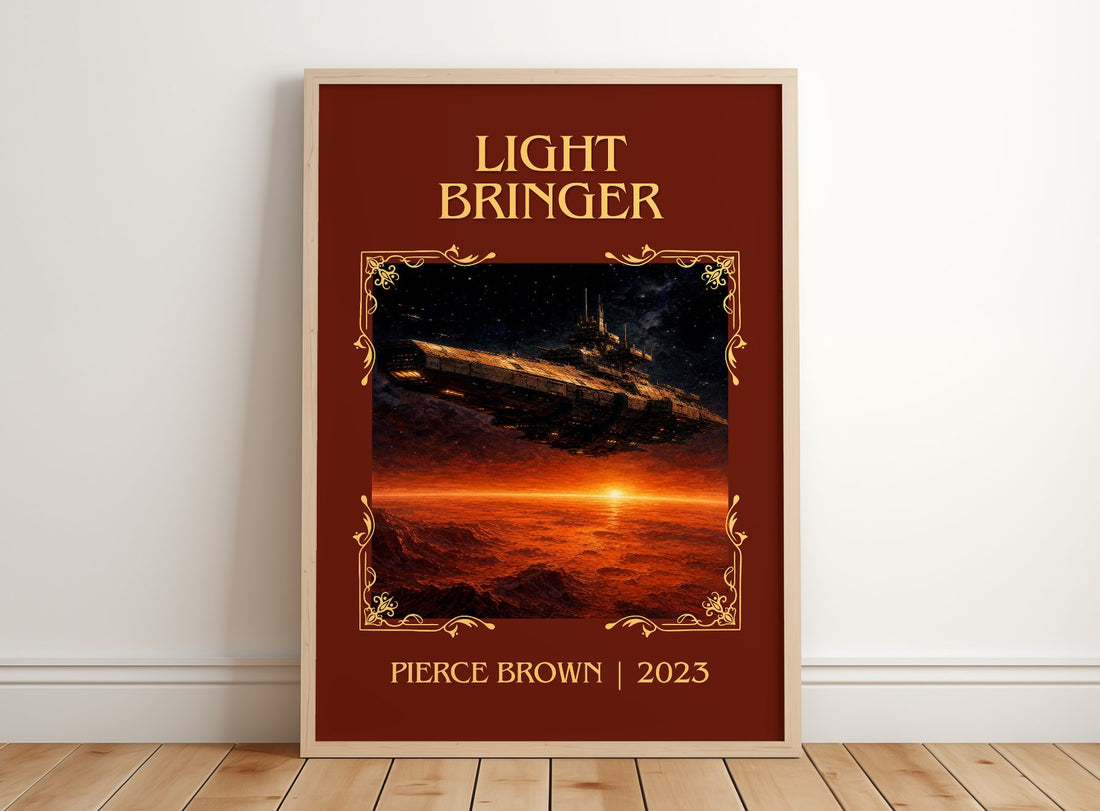 Light Bringer Classic Book Art Print by Pierce Brown – framed print leaning on a wooden floor