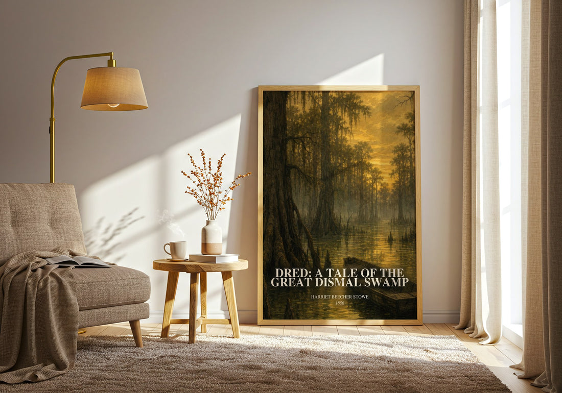 Dred: A Tale Of The Great Dismal Swamp watercolour print in frame leaning in hallway – historical fiction wall art (mockup)