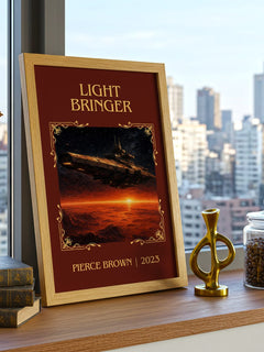 Light Bringer Classic Book Art Print by Pierce Brown – framed print on a city-view windowsill