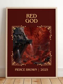 Red God Classic Book Art Print by Pierce Brown – framed print leaning on a wooden floor