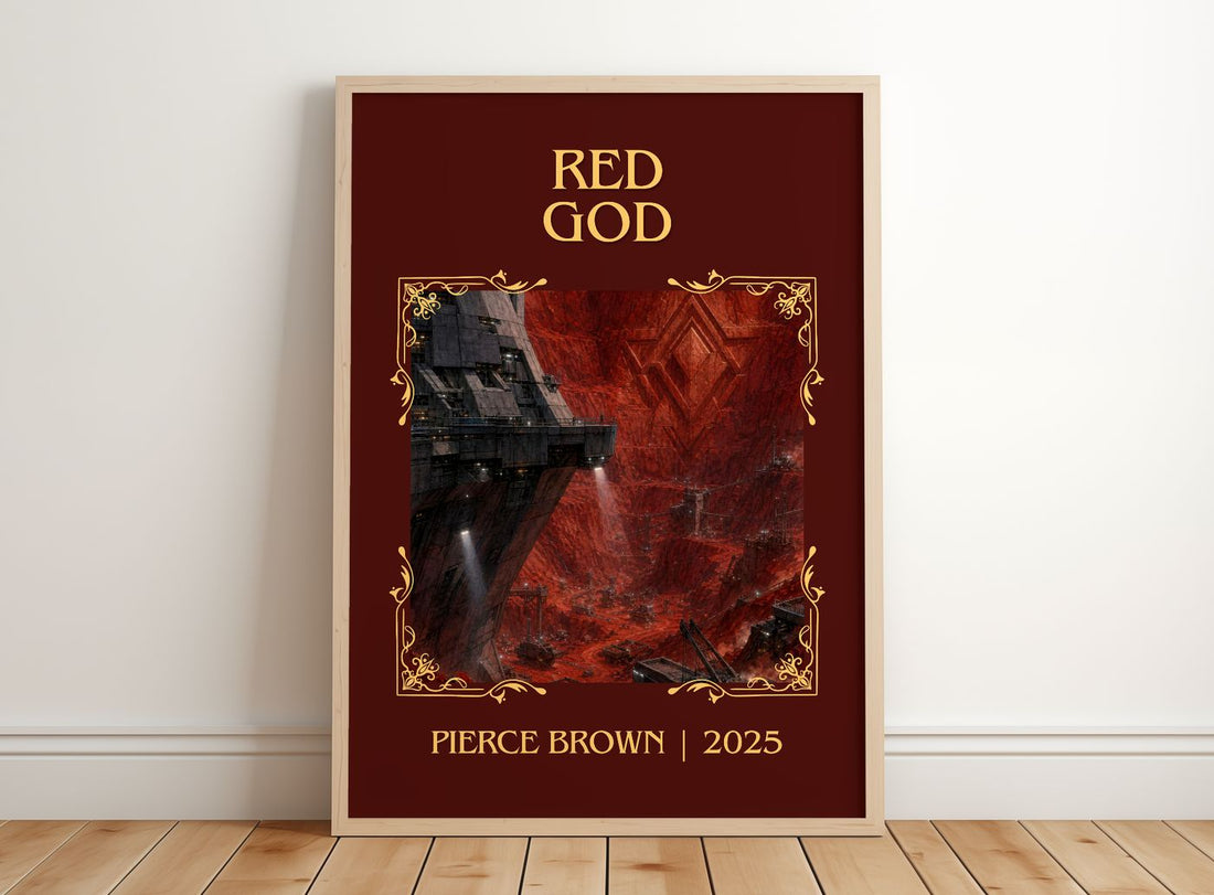Red God Classic Book Art Print by Pierce Brown – framed print leaning on a wooden floor