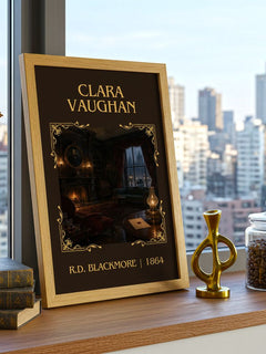 Clara Vaughan Classic Book Art Print by R.D. Blackmore – framed print on a city-view windowsill