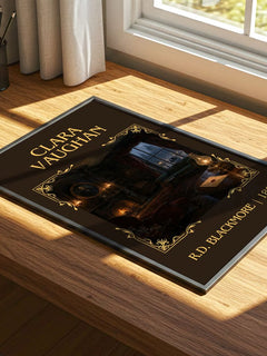 Clara Vaughan Classic Book Art Print by R.D. Blackmore – print on a sunlit desk