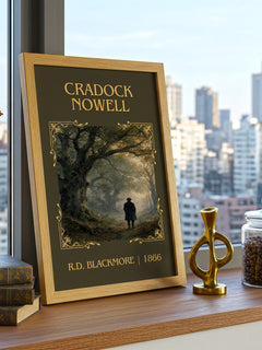 Cradock Nowell Classic Book Art Print by R.D. Blackmore – framed print on a city-view windowsill