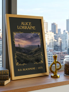 Alice Lorraine Classic Book Art Print by R.D. Blackmore – framed print on a city-view windowsill