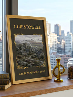 Christowell Classic Book Art Print by R.D. Blackmore – framed print on a city-view windowsill