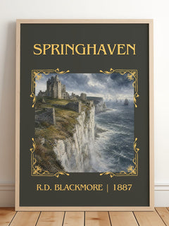 Springhaven Classic Book Art Print by R.D. Blackmore – framed print leaning on a wooden floor