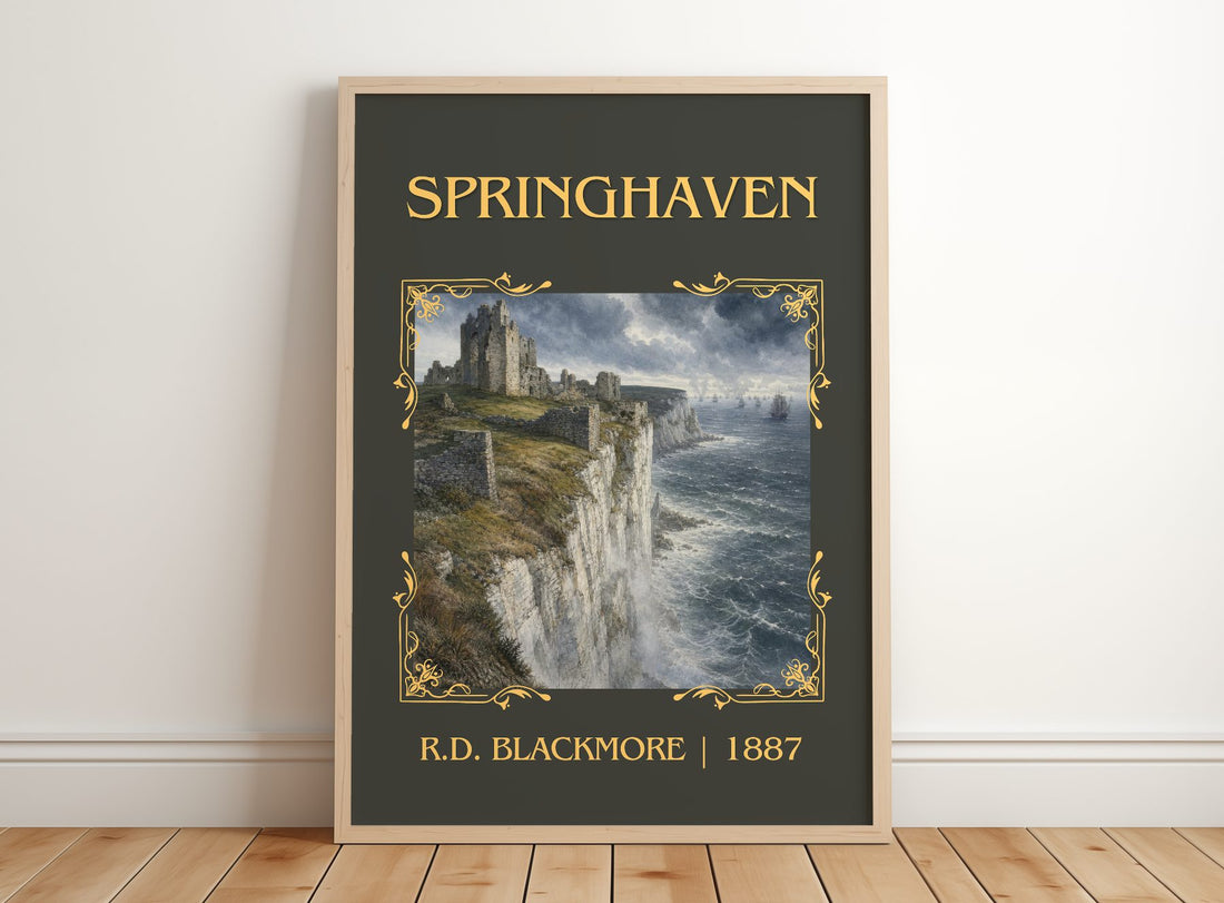 Springhaven Classic Book Art Print by R.D. Blackmore – framed print leaning on a wooden floor