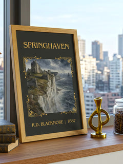 Springhaven Classic Book Art Print by R.D. Blackmore – framed print on a city-view windowsill