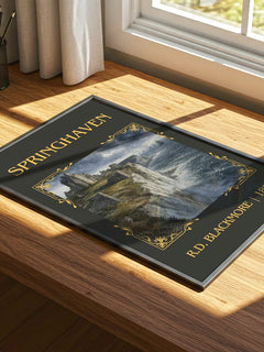 Springhaven Classic Book Art Print by R.D. Blackmore – print on a sunlit desk