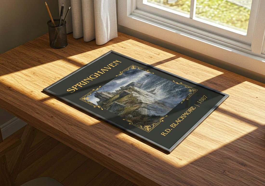 Springhaven Classic Book Art Print by R.D. Blackmore – print on a sunlit desk