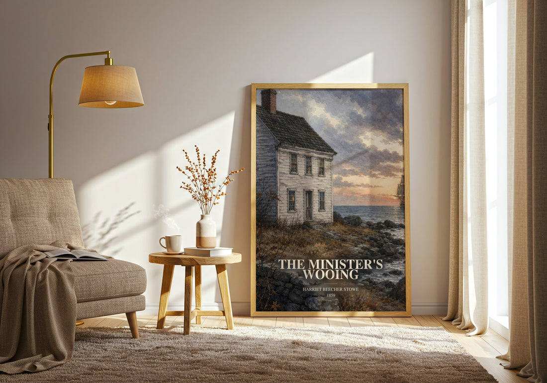 The Minister'S Wooing watercolour print in frame leaning in hallway – historical fiction wall art (mockup)