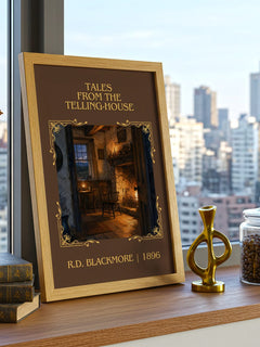 Tales From The Telling-House Classic Book Art Print by R.D. Blackmore – framed print on a city-view windowsill