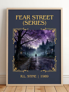 Fear Street (Series) Classic Book Art Print by R.L. Stine – framed print leaning on a wooden floor
