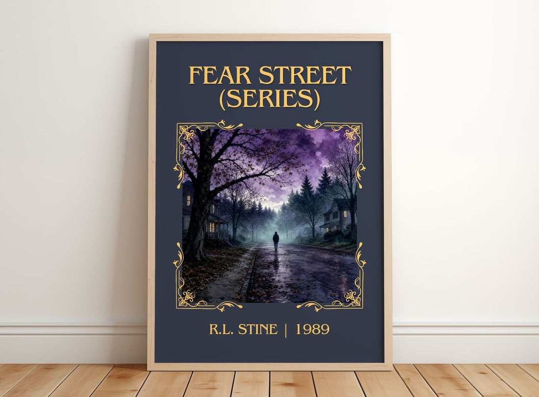 Fear Street (Series) Classic Book Art Print by R.L. Stine – framed print leaning on a wooden floor