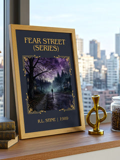 Fear Street (Series) Classic Book Art Print by R.L. Stine – framed print on a city-view windowsill