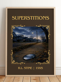 Superstitions Classic Book Art Print by R.L. Stine – framed print leaning on a wooden floor