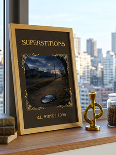 Superstitions Classic Book Art Print by R.L. Stine – framed print on a city-view windowsill