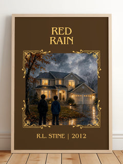 Red Rain Classic Book Art Print by R.L. Stine – framed print leaning on a wooden floor