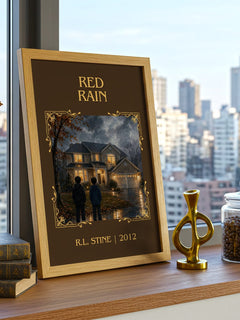 Red Rain Classic Book Art Print by R.L. Stine – framed print on a city-view windowsill