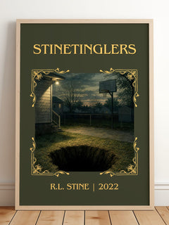Stinetinglers Classic Book Art Print by R.L. Stine – framed print leaning on a wooden floor