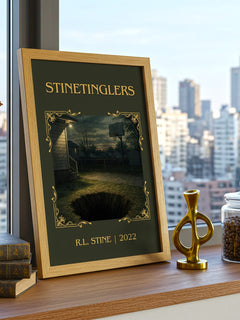 Stinetinglers Classic Book Art Print by R.L. Stine – framed print on a city-view windowsill