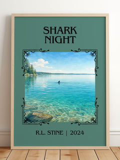 Shark Night Classic Book Art Print by R.L. Stine – framed print leaning on a wooden floor