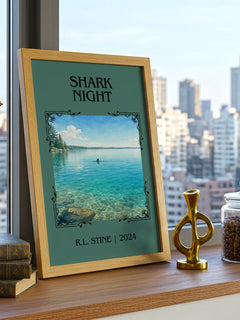 Shark Night Classic Book Art Print by R.L. Stine – framed print on a city-view windowsill