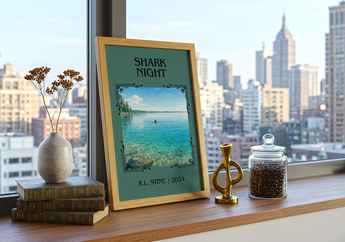 Shark Night Classic Book Art Print by R.L. Stine – framed print on a city-view windowsill