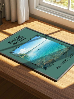 Shark Night Classic Book Art Print by R.L. Stine – print on a sunlit desk