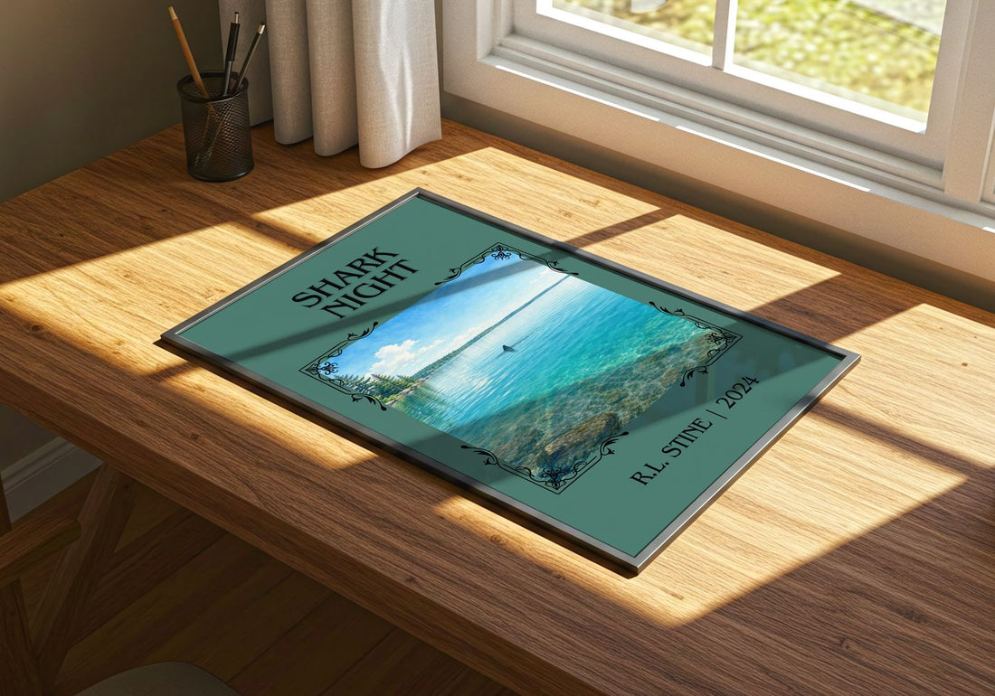 Shark Night Classic Book Art Print by R.L. Stine – print on a sunlit desk
