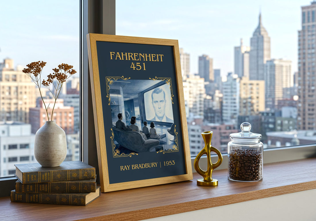 Fahrenheit 451 Classic Book Art Print by Ray Bradbury – framed print on a city-view windowsill