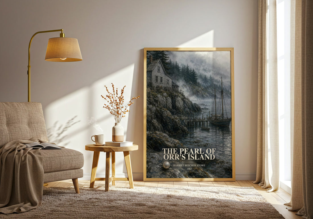 The Pearl Of Orr'S Island watercolour print in frame leaning in hallway – classic literature wall art (mockup)
