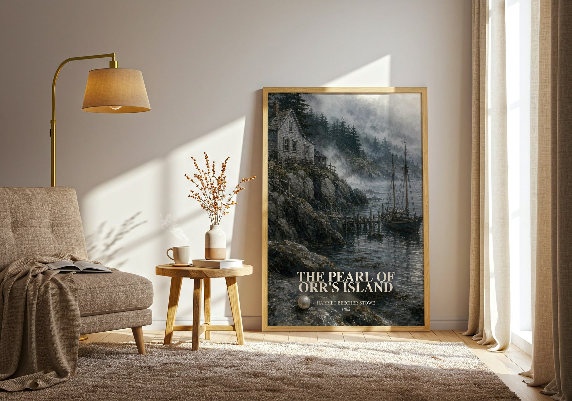 The Pearl Of Orr'S Island watercolour print in frame leaning in hallway – classic literature wall art