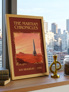 The Martian Chronicles Classic Book Art Print by Ray Bradbury – framed print on a city-view windowsill