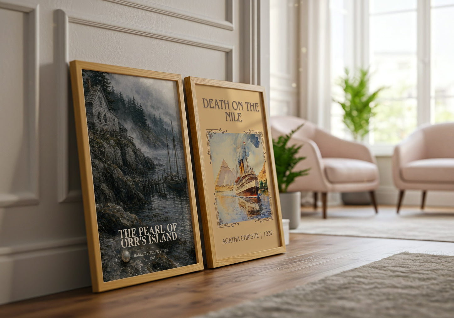 The Pearl Of Orr'S Island watercolour print framed by window – literary home decor
