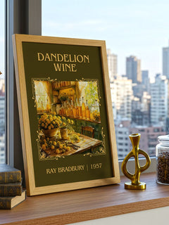 Dandelion Wine Classic Book Art Print by Ray Bradbury – framed print on a city-view windowsill