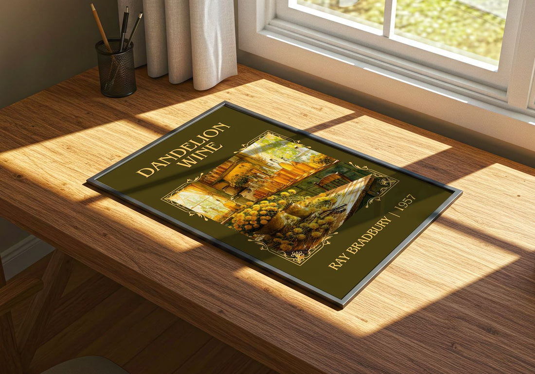 Dandelion Wine Classic Book Art Print by Ray Bradbury – print on a sunlit desk