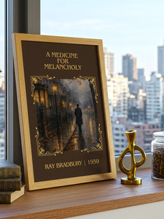 A Medicine For Melancholy Classic Book Art Print by Ray Bradbury – framed print on a city-view windowsill
