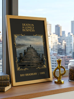 Death Is A Lonely Business Classic Book Art Print by Ray Bradbury – framed print on a city-view windowsill