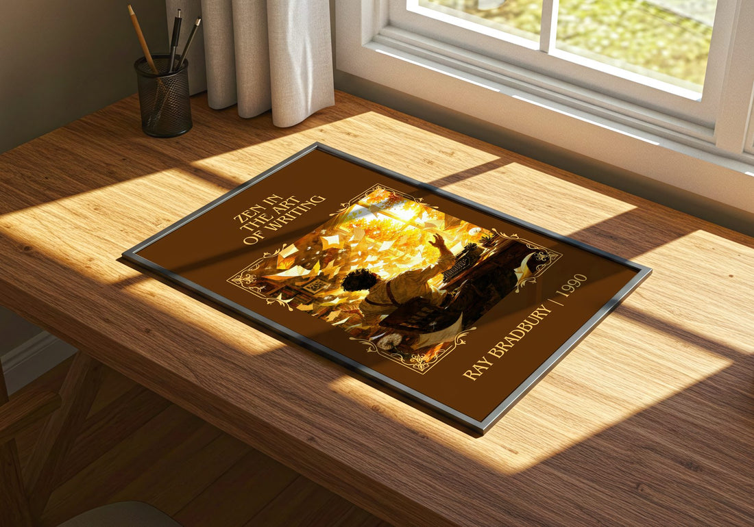 Zen In The Art Of Writing Classic Book Art Print by Ray Bradbury – print on a sunlit desk