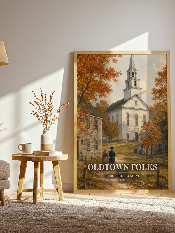 Oldtown Folks watercolour print in frame leaning in hallway – historical fiction wall art