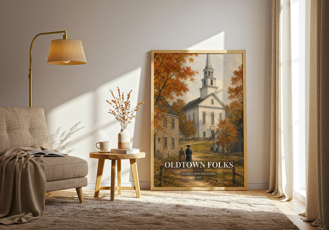 Oldtown Folks watercolour print in frame leaning in hallway – historical fiction wall art (mockup)