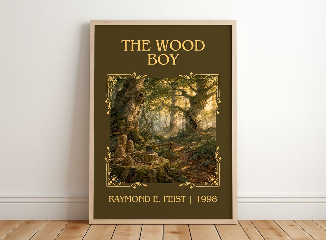 The Wood Boy Classic Book Art Print by Raymond E. Feist – framed print leaning on a wooden floor