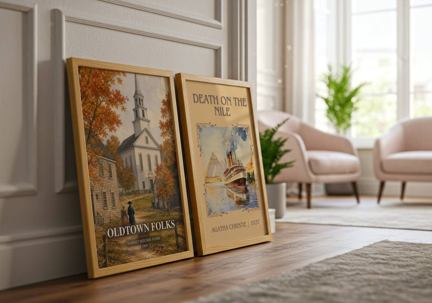 Oldtown Folks watercolour print framed by window – literary home decor